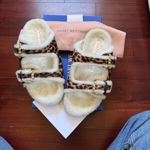 Stuart Weitzman Leopard Furry Sandals with Gold Accents